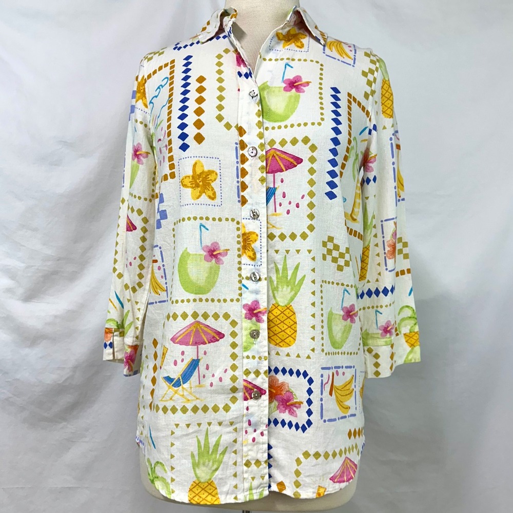 CALYPSO ST BARTH Linen Tropical Fruit Print Tunic Top Women's XS Vacation Resort